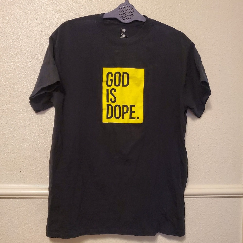God Is Dope Mens Graphic T-Shirt Black Yellow Box Logo Ringspun Cotton Size M
